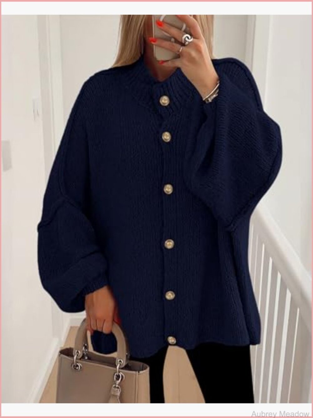 Chunky Knit Cardigan Lantern Sleeve Open Front Oversized Sweater - Picture 2 of 7